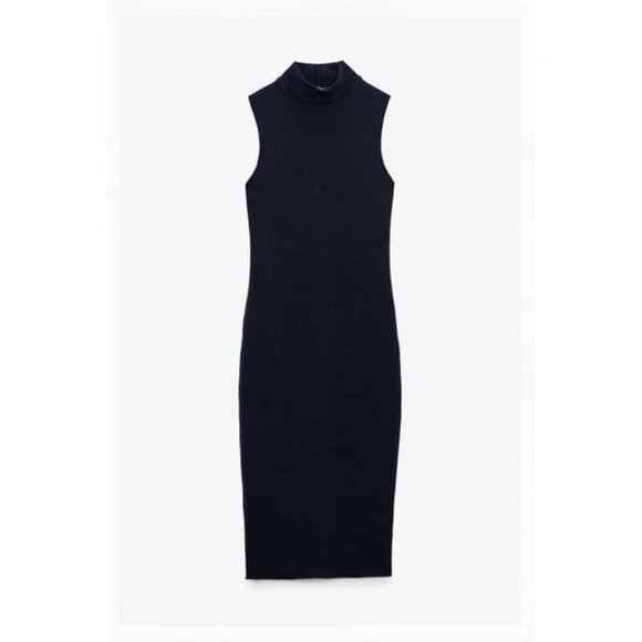 Zara Mock Neck Sleeveless Sweater Dress Dark Navy Soft Stretchy Midi - Picture 1 of 3